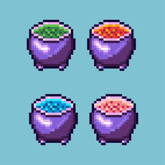 Poster - Pixel art sets of halloween cauldron witch with variation color item asset simple bits of cauldron on pixelated style 8bits perfect for game asset or design asset element for your game design asset