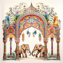 Mughal Arch. Indian Elephants. Decorative Painting With Elephants And Plants
