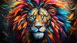 Kolorowy lew w kolorach całej tęczy przedstawiony na abstrakcyjnym obrazie. 