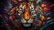 Kolorowy tygrys w kolorach całej tęczy przedstawiony na abstrakcyjnym obrazie. 
