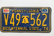 Pennsylvania, bicentennial state, license plate from the 70s, vintage, retro. Collectibles.