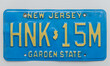 Vintage, classic blue New Jersey, Garden State licence plate from the 80's, 90's. Vintage, retro. 