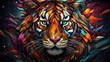 Fototapeta  - Kolorowy tygrys w kolorach całej tęczy przedstawiony na abstrakcyjnym obrazie. 