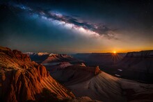 Sunset Over The Rock Mounatins With Milky Way Galaxy In Back