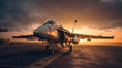 Jet fighter on an aircraft carrier at sunset in evening, generative AI