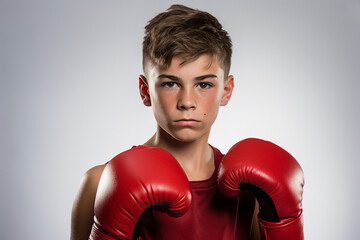 Poster - Generative AI portrait of a professional strong male boxer confident boy practicing physical exercises in a boxing ring