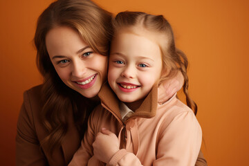 Wall Mural - closeup of a mother with her little daughter posing smiling with orange background