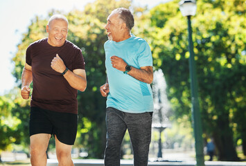 Canvas Print - Senior, men and running for fitness in street of city for wellness, exercise or workout outdoor with smile. Elderly, people and training together in nature or park for health, adventure and happiness