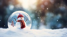 A Christmas Glass Sphere Resting On Snowy Ground, Containing A Snowman Within. A Wintry Scene. Generative AI