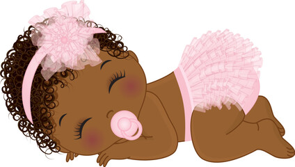 Canvas Print - Vector Cute African American Baby Girl in Pink Ruffle Diaper