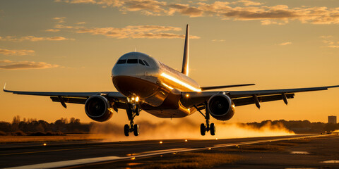 Canvas Print - Commercial airplane taking off from the runway at sunset - air transport concept
