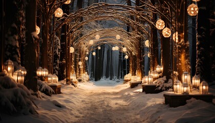 Wall Mural - Pine trees wrapped in golden fairy lights. Snowy path filled with golden fairy lights. Snowy forest. Pine trees. Golden fairy lights. Winter landscape. Winter