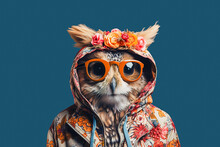 Generative AI Illustration Of Stylish Owl In Trendy Sunglasses With Hood Against Looking At Camera In Blue Background