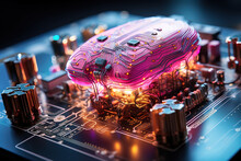 Generative AI Image Of Futuristic Modern New Processor Chip Designed With Colorful Neon Lights And Glowing Connections On Blurred Computer Circuit Board