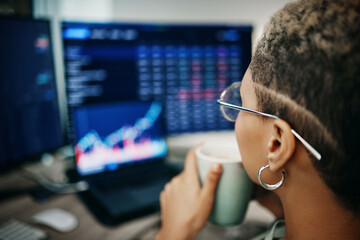 Poster - Woman, stock market analysis and computer screen for coffee, stats or numbers in night at office. Trader, monitor and reading with drink for financial review, economy or crypto for fintech data on pc