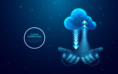 Aufkleber - A digital abstract cloud storage icon with arrows up and down on businessman hands. Cloud technology system and computing. Futuristic low poly wireframe vector illustration. Blue hologram effect.