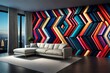modern living room with sofa and colorful 3d back wall