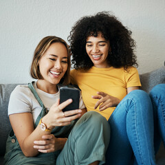 Poster - Friends, relax on sofa with smartphone and chat online with communication, funny meme and reading text message. Women with technology, mobile app and typing on social media with connectivity at home