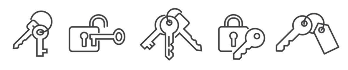 Wall Mural - Keys, safety and protection - thin line icon set