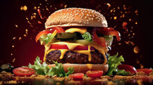 Hamburger With Beef Meat Bun With Salad, Cheese Cheddar And Sauce Juicy And Appetizing. Meat Burger Gourmet, Cheese, Pickle, Onion, Lettuce, Tomato, Illustration. Big Burger Close Up. Generative Ai