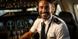 commercial airplane pilot in cockpit of aircraft with blurred background