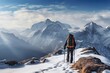 a man hiking alone in a winter mountains with trekking poles | Generative AI
