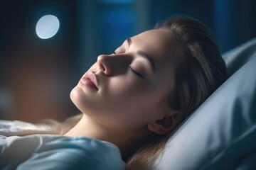 Wall Mural - A young woman patient sleeping on bed in hospital ward. Health care ,Generative AI.