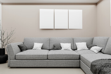 Three frames of hanging vertical frame mockup, neutral living room with a green couch