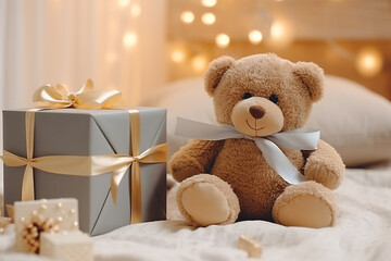 Wall Mural - A gift box with bear doll on bed. 