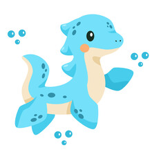 Flat Vector Children's Illustration On White Background. Cute Blue Aquatic Dinosaur With Flippers . Vector Illustration