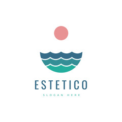 ocean beauty colorful nature tropical sunset landscape travel logo design vector illustration