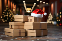 Boxes With Christmas Presents And Santa Hat. Shipping Delivery Company Concept