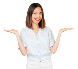 Wall Mural - Happy smiling young woman hand pointing to the side, isolated on yellow background.