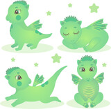 Fototapeta Dinusie - Cute little dragon and dinosaur characters in different poses, cartoon character vector illustration, eps 10