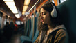Girl teenager listening to music in headphones  on the subway, looking sad and lonely