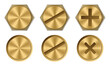 Set of gold bolt heads. Screw and bolt heads top view. Gold metal bolts. Vector illustration