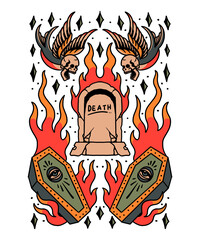 burning coffin tattoo illustration design