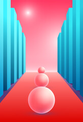 Poster - Abstract surreal composition with soft balls on the pink road between the columns. Vertical background with minimal pastel shapes.