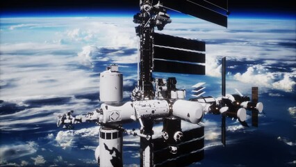 Wall Mural - stunning panorama of the sunlit space station seen from a spacecraft revolving around the planet. Elements of this image furnished by NASA