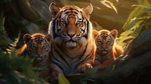A Realistic Encounter Between A Mother Tiger And Her Cubs In Their Natural Habitat