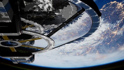 Wall Mural - high-tech laboratory made of metal and glass, reminiscent of a spaceship, rotating in orbit around Earth. elements furnished by nasa