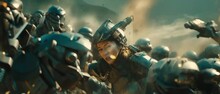 Futuristic War Concept. Portrait Of Female Military In Futuristic Outfit Fighting During Battle Scene, Battle In Ruined City. Selective Focus. High Quality 4k Footage