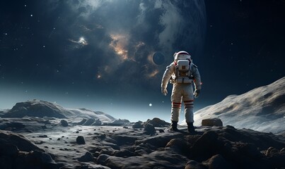 Wall Mural - astronaut exploring extraterrestrial planets or moon, ai generative