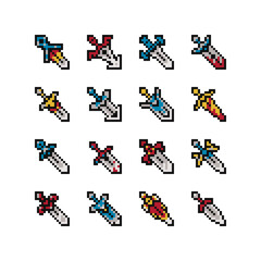 Poster - Medievalist sword pixel art set. Ancient antique weapons. Medieval swords and knives different color shapes, flat style. Design for sticker, mobile app and logo. Game assets 8-bit sprite.