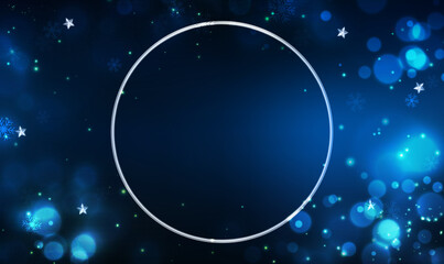 Poster - Empty round frame on blurred bokeh dark blue background. Christmas and New Year holidays template. Magic festive effect with bokeh. Magic night dark blue sky background for prints, invitations. Vector