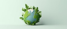 Minimalistic An Isolated Earth And Green Leaves In Cartoon Style Conveying The Concept Of Ecology And The Environment