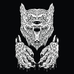 Sticker - Three Eyed Wolf Black and White Illustration