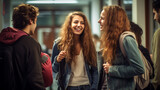 Fototapeta  - students, girls and guy talking and smiling in the college corridor