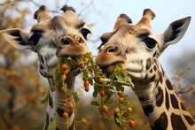 Two Long-necked Giraffes Eating Leaves From The Same Tree