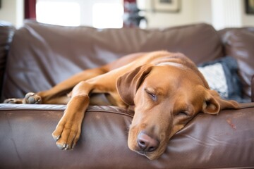 Wall Mural - dog napping precariously on the edge of a sofa